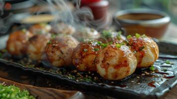 some food on a black plate with sauce and sauce photo