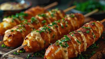 several skewered chicken on a wooden board photo