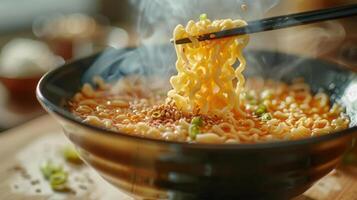 arafed noodles being lifted by chopsticks in a bowl photo