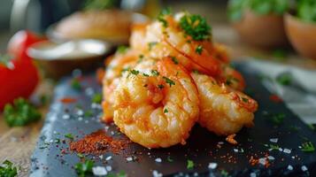 A plate of shrimp with sauce and herbs photo