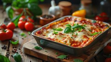 a casserole dish with cheese and vegetables on a cutting board photo