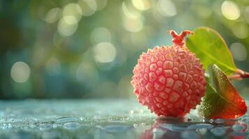 a close up of a fruit with a leaf on it photo