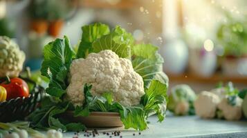 Fresh cauliflower on a table with other vegetables photo