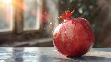A pomegranate is sitting on a table photo