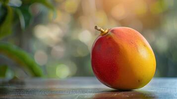 A mango sitting on a table with a blurry background photo