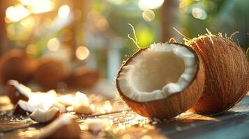 a half eaten coconut on the ground with a spoon photo