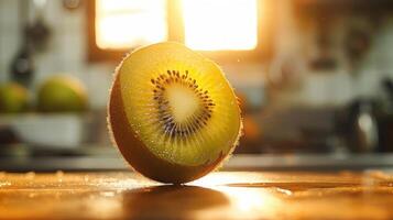 a kiwi fruit cut in half on a table photo