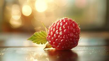 a raspberry on a table with a leaf on it photo