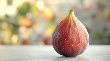 A fig on a table with a blurry background photo