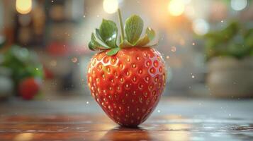 A strawberry sitting on top of a table with water droplets photo