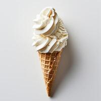 A close-up photograph of a scoop of ice cream on an ice cream cone, photo