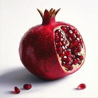 A vibrant close-up image of a pomegranate with ruby seeds visible, photo