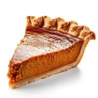 A slice of delicious pumpkin pie with a golden crust and rich, sweet filling. photo