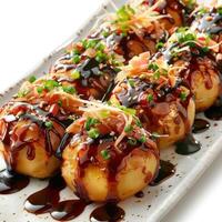 A plate of savory snacks garnished with sauce and toppings, photo