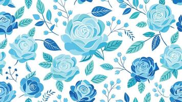 blue roses and leaves are shown in this pattern vector