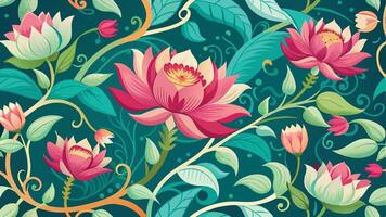 seamless pattern with lotus flowers and leaves vector