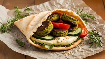 A pita with a salad and vegetables on it photo