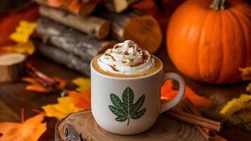 A pumpkin spice latte is topped with whipped cream and a maple leaf photo