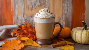 A coffee with whipped cream and pumpkin leaves photo