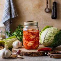 A jar of pickled cabbage with garlic and onions photo