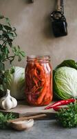 Pickled cabbage and garlic on a wooden table photo