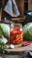 A jar of pickled cabbage with garlic and onions photo