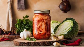 A jar of kimchi sits on a cutting board photo