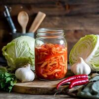 A jar of pickled cabbage with garlic and onions photo