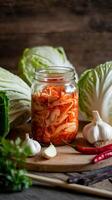 A jar of pickled cabbage with garlic and onions photo