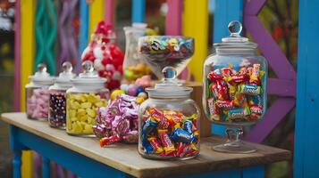 A table with candy and candies in jars photo