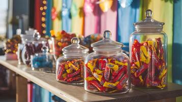 Candy bars in jars on a table photo