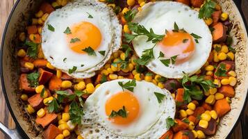 A skillet with two eggs and corn on the side photo