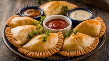 A plate with several empanadas on it photo