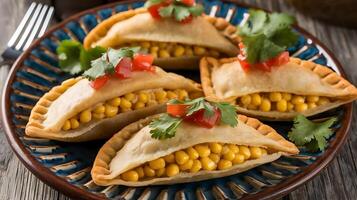 Three corn empanadas on a plate with a fork photo