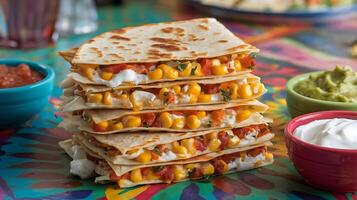 A stack of quesadillas with corn, cheese and guacamole photo