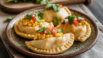 Three empanadas with corn and tomatoes on a plate photo
