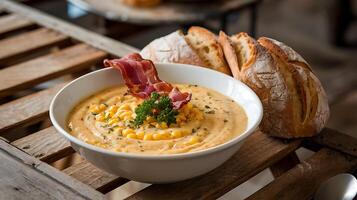 Corn soup with bacon and bread photo