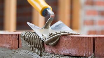 A person is using a trowel to pour cement into a brick wall photo