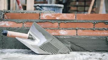 A brick is being used to build a wall photo