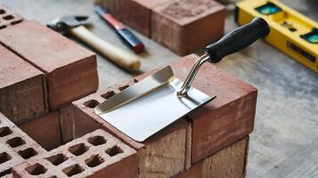 A brick trowel is being used to build a brick wall photo