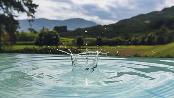 Water splash in a pool with mountains in the background photo