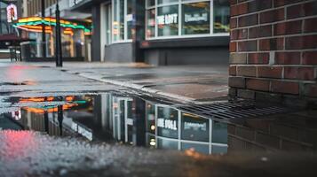 A puddle of water on the sidewalk in front of a building photo