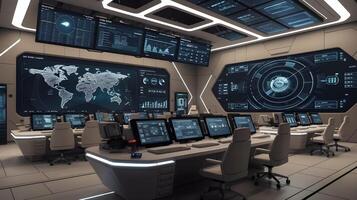 A futuristic room with computers and monitors photo