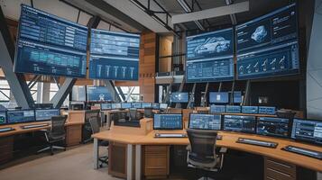A large control room with multiple monitors and computers photo
