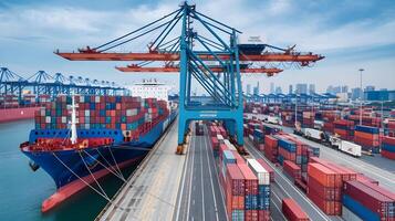 A large container ship is docked at a port photo