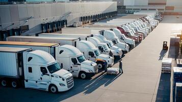 A large group of trucks parked in a warehouse photo