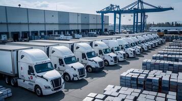 A group of white trucks parked in a warehouse photo