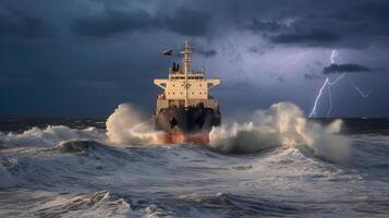 A large ship in the ocean with a lightning bolt photo