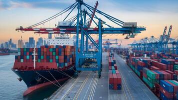 A large container ship is docked at a port photo
