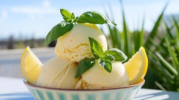 A bowl of ice cream with lemon slices and basil leaves photo